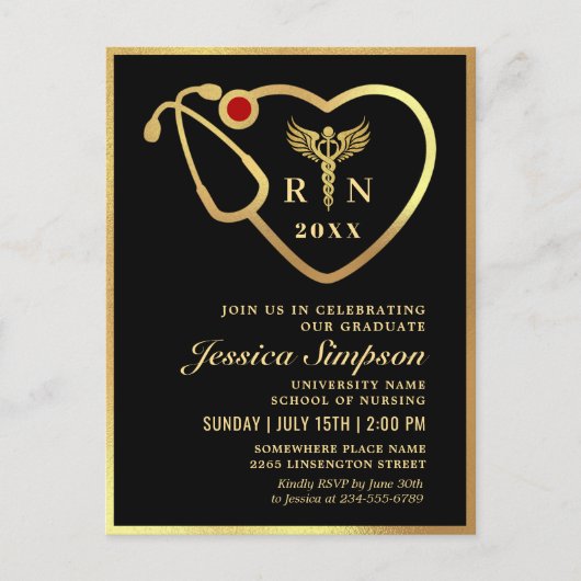 Modern Golden Nursing Graduation Party Invitation Briefkaart (Voorkant)