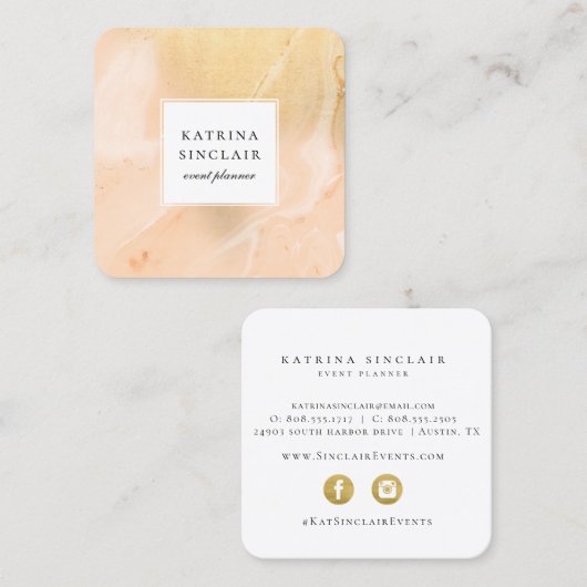 Modern Golden Peach Marble Pattern Vierkante Visitekaartje (Voorkant / Achterkant)