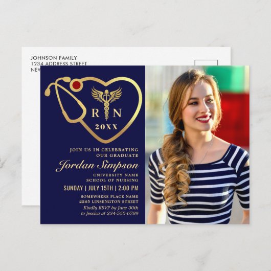 Modern Golden PHOTO Nursing Afstuderen Uitnodiging (Voorkant / Achterkant)