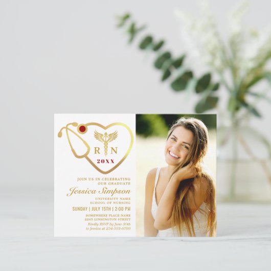 Modern Golden PHOTO Nursing Afstuderen Uitnodiging (Staand voorkant)