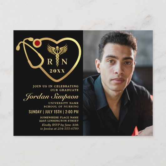 Modern Golden PHOTO Nursing Afstuderen Uitnodiging (Voorkant)