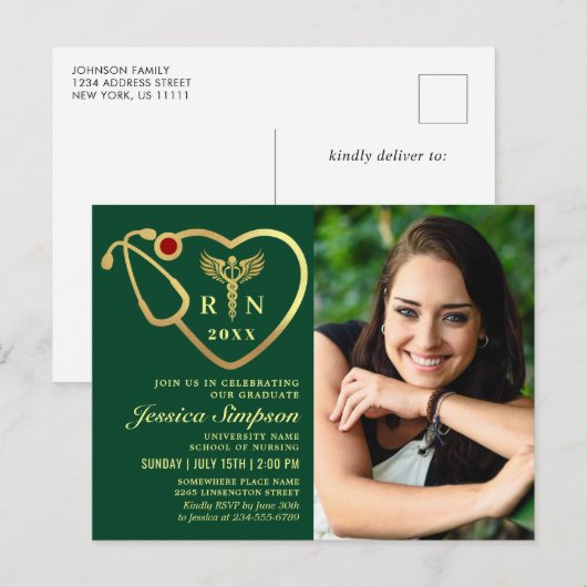 Modern Golden PHOTO Nursing Afstuderen Uitnodiging (Voorkant / Achterkant)