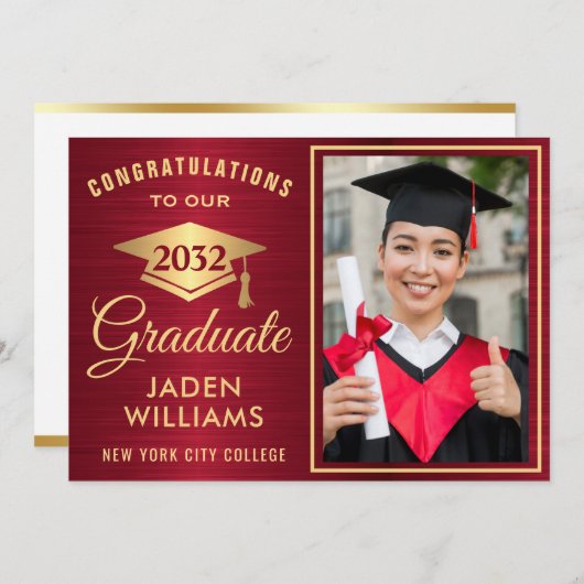 Modern Golden Red PHOTO Afstuderen Kaart (Voorkant / Achterkant)