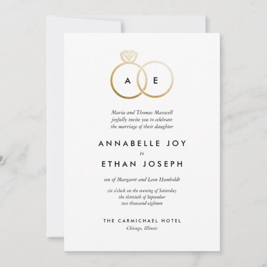 Modern Golden Rings Wedding Invitation Kaart (Voorkant)