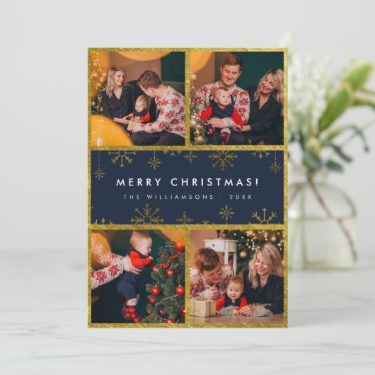 Modern Golden Snowflakes | Vrolijk kerstfeest 4 Fo Kaart (Staand voorkant)