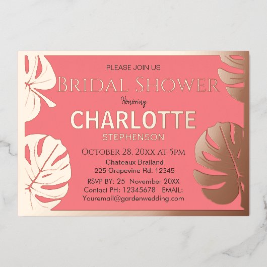 Modern Golden Tropical Leaves Vrijgezellenfeest Go Folie Uitnodiging (Voorkant)