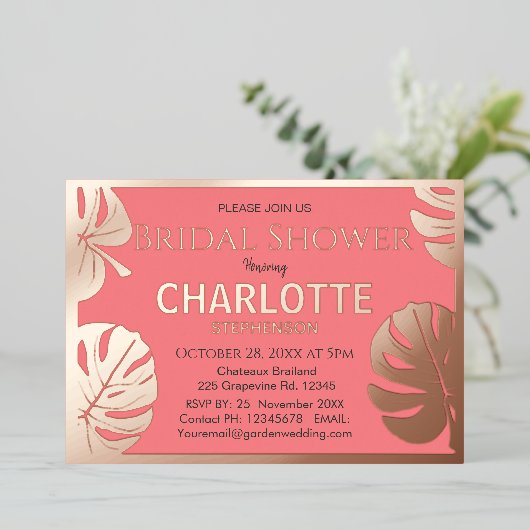 Modern Golden Tropical Leaves Vrijgezellenfeest Go Folie Uitnodiging (Staand Voorkant)