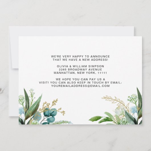 Modern Golden Waterverf Greenery Moving Aankondiging (Achterkant)