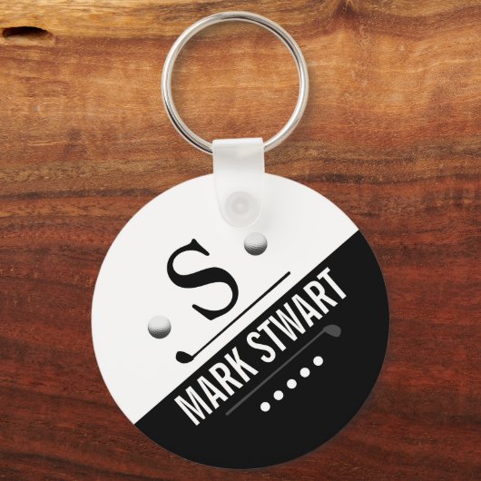 Modern Golfer Black White Monogram Sleutelhanger (Voorkant)