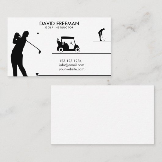 Modern Golfer & Cart White Golf Instructor Visitekaartje (Voorkant / Achterkant)