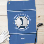 Modern Golfer Monogram Pro Sports Golf Ball Blue Golfhanddoek<br><div class="desc">Het moderne ontwerp is voorzien van een trendy blauwe achtergrond die een realistische golfbal laat zien met een vrouw golfer silhouet in donkerblauw, voorzien van witte strepen en marinestrepen. De vun golf citaat tekst luidt: "Eat, Slaap, Golf, Herhaal! Om het even welke Vragen"in witte typografie. Pas met naam, initialen of...</div>
