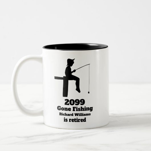 Modern Gone Gevist Gepensioneerde Zittende Visser Tweekleurige Koffiemok (Links)