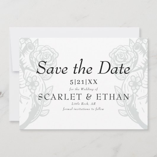 Modern Gothic Floral Heart Elegant White Wedding Save The Date (Voorkant)