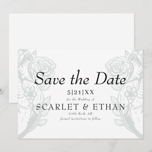 Modern Gothic Floral Heart Elegant White Wedding Save The Date (Voorkant / Achterkant)