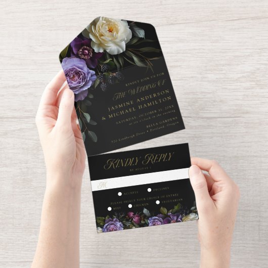 Modern Gothic Floral Wedding All In One Uitnodiging (Uittrekbaar)