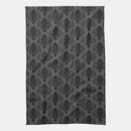 Modern gothic Grey Black Damask Pattern Theedoek (Verticaal)