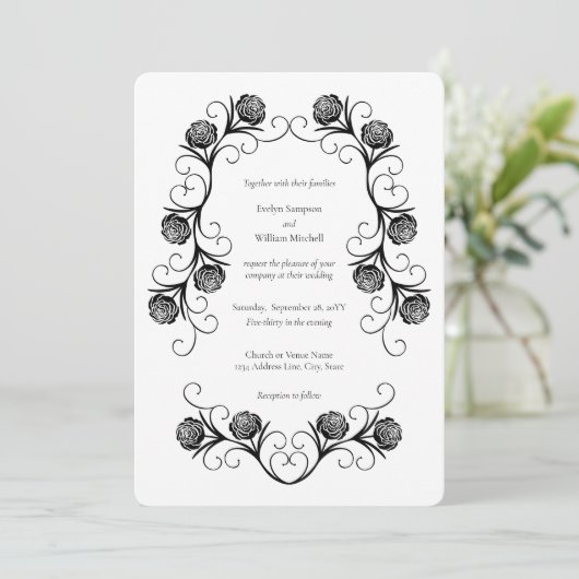 Modern Gotisch Roos Swirls Zwart-wit Bruiloft Kaart (Staand voorkant)