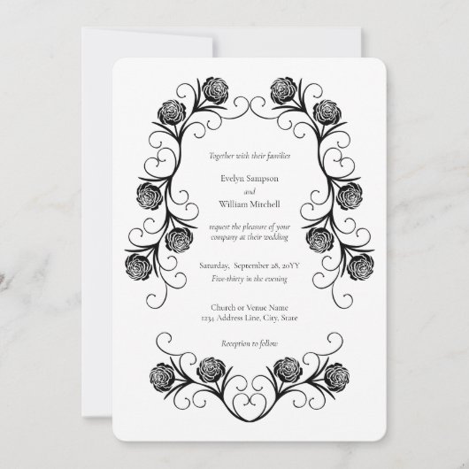 Modern Gotisch Roos Swirls Zwart-wit Bruiloft Kaart (Voorkant)