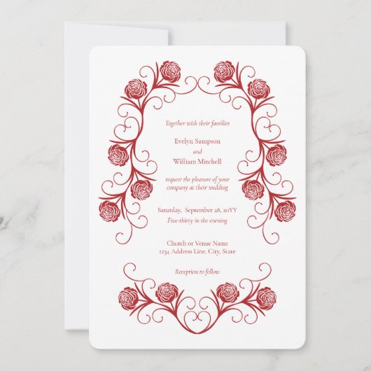 Modern Gotisch Roos wervelt Crimson rood bruiloft Kaart (Voorkant)