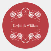 Modern Gotisch Roos wervelt Crimson rood bruiloft Ronde Sticker (Voorkant)