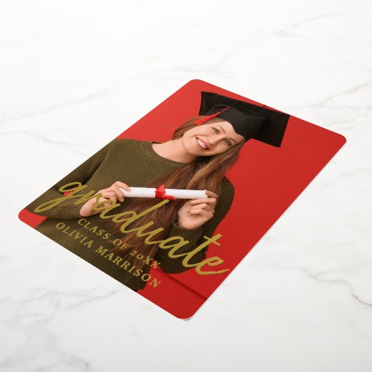 Modern Goud Afstuderen 2-foto Collage Afstuderen Folie Uitnodiging (Gedraaid)