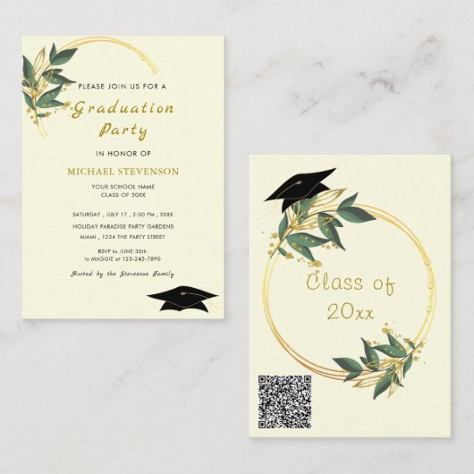 Modern Goud Afstuderen Invitation met QR Code Notitiekaartje (Voorkant / Achterkant)