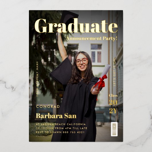 Modern Goud Afstuderen Tijdschrift Afstudeerfeest Folie Uitnodiging (Voorkant)