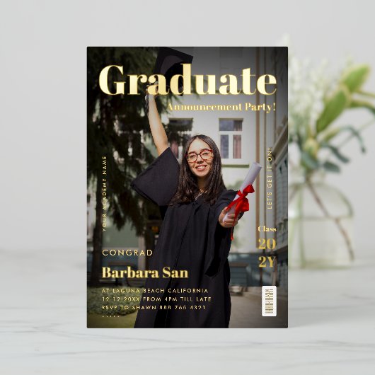 Modern Goud Afstuderen Tijdschrift Afstudeerfeest Folie Uitnodiging (Staand Voorkant)