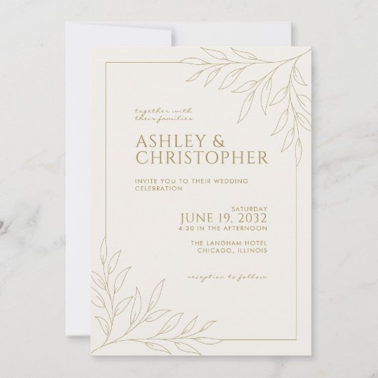 Modern Goud Bladgroen Omtrek Bruiloft Kaart (Voorkant)