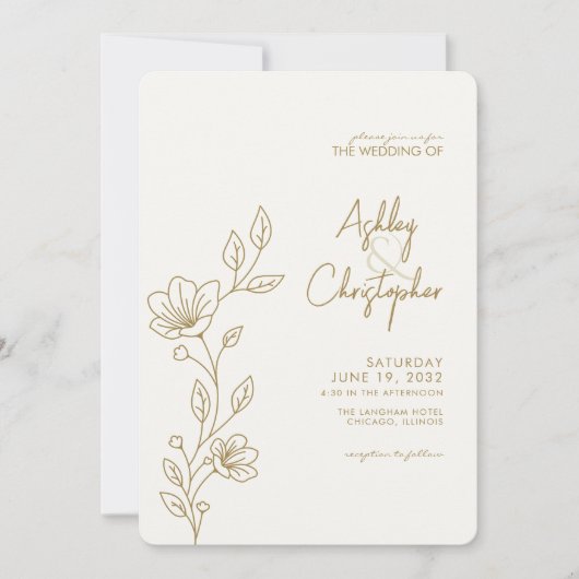 Modern Goud Bladgroen Omtrek Foto Bruiloft Kaart (Voorkant)