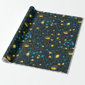 Modern Goud & Blauw Abstract Bloemen Cadeaupapier (Uitgerold)