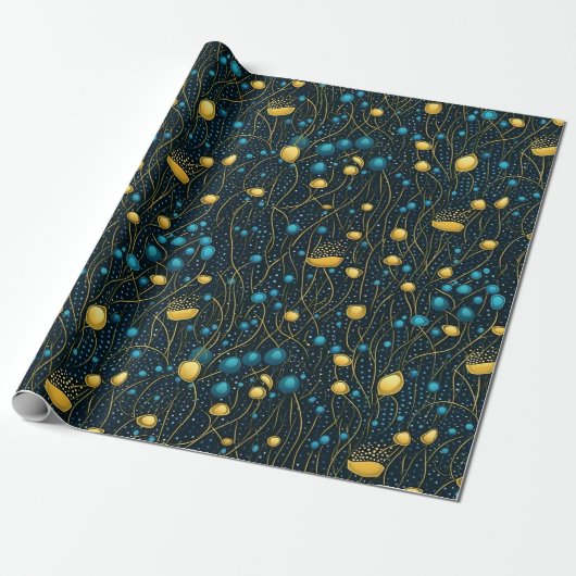 Modern Goud & Blauw Abstract Bloemen Cadeaupapier (Uitgerold)