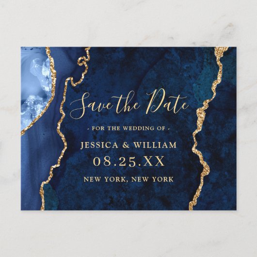 Modern Goud Blauw Agaat Bruiloft Save the Date Briefkaart (Voorkant)