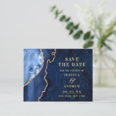 Modern Goud Blauw Agaat Bruiloft Save the Date Briefkaart (Staand voorkant)