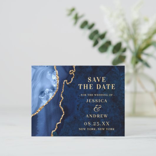 Modern Goud Blauw Agaat Bruiloft Save the Date Briefkaart (Staand voorkant)