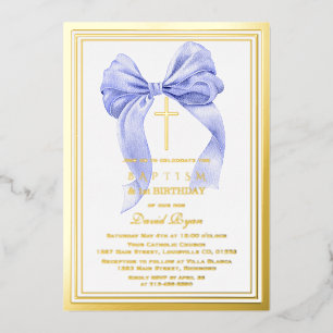 Modern Goud Blauw Bow Boy 1e Verjaardag Doop Folie Uitnodiging