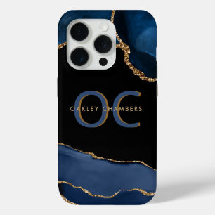 Modern Goud Blauw Monogram Marine Zwart Goud Agaat iPhone 15 Pro Case