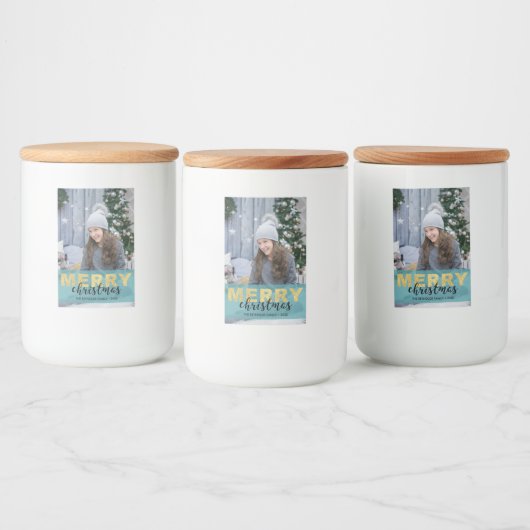 Modern Goud Blauw Vrolijk Kerstfoto Eten Label Voedselcontainer Etiket (Flessen)