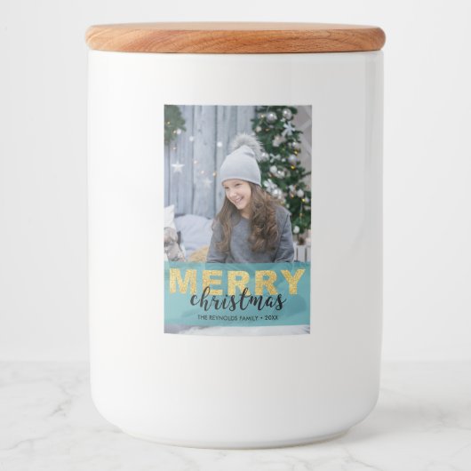 Modern Goud Blauw Vrolijk Kerstfoto Eten Label Voedselcontainer Etiket (Voorkant)
