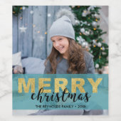 Modern Goud Blauw Vrolijk Kerstfoto Wijnlabel Wijn Etiket (Enkel label)