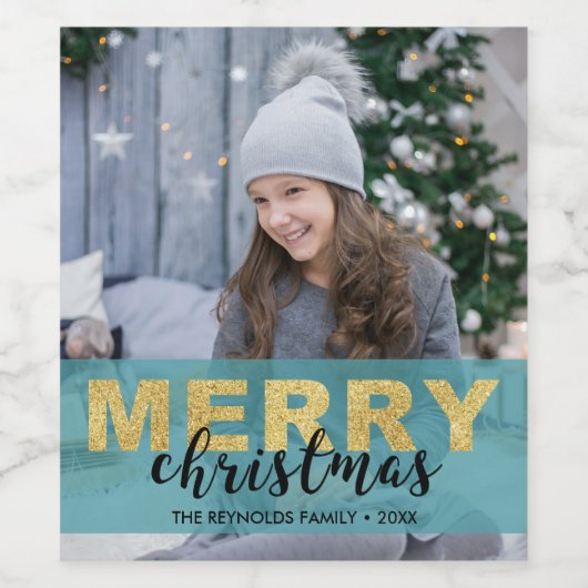 Modern Goud Blauw Vrolijk Kerstfoto Wijnlabel Wijn Etiket (Enkel label)
