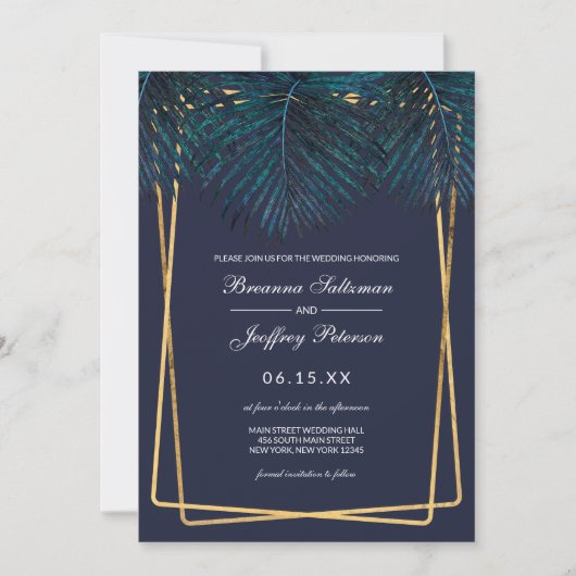 Modern Goud Blauwgroen Palm Leaves Geo Borders Wed Kaart (Voorkant)