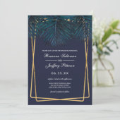 Modern Goud Blauwgroen Palm Leaves Geo Borders Wed Kaart (Staand voorkant)
