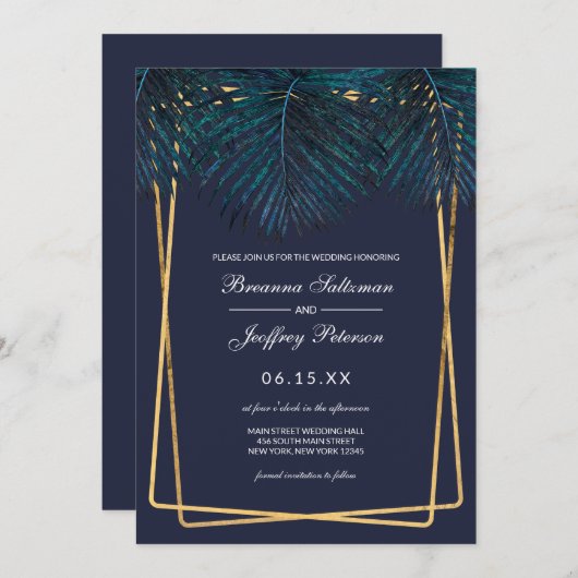 Modern Goud Blauwgroen Palm Leaves Geo Borders Wed Kaart (Voorkant / Achterkant)