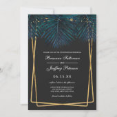 Modern Goud Blauwgroen Palm Leaves Geo Borders Wed Kaart (Voorkant)