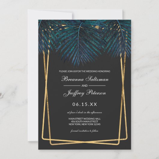 Modern Goud Blauwgroen Palm Leaves Geo Borders Wed Kaart (Voorkant)
