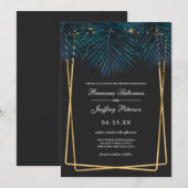 Modern Goud Blauwgroen Palm Leaves Geo Borders Wed Kaart (Voorkant / Achterkant)