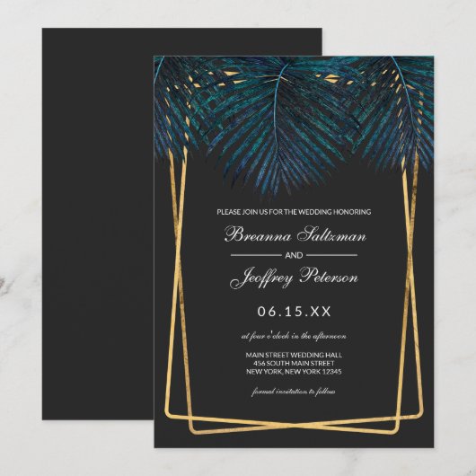 Modern Goud Blauwgroen Palm Leaves Geo Borders Wed Kaart (Voorkant / Achterkant)