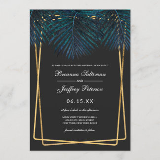 Modern Goud Blauwgroen Palm Leaves Geo Borders Wed Kaart