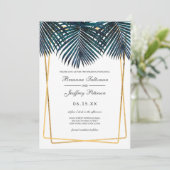 Modern Goud Blauwgroen Palm Leaves Geo Borders Wed Kaart (Staand voorkant)